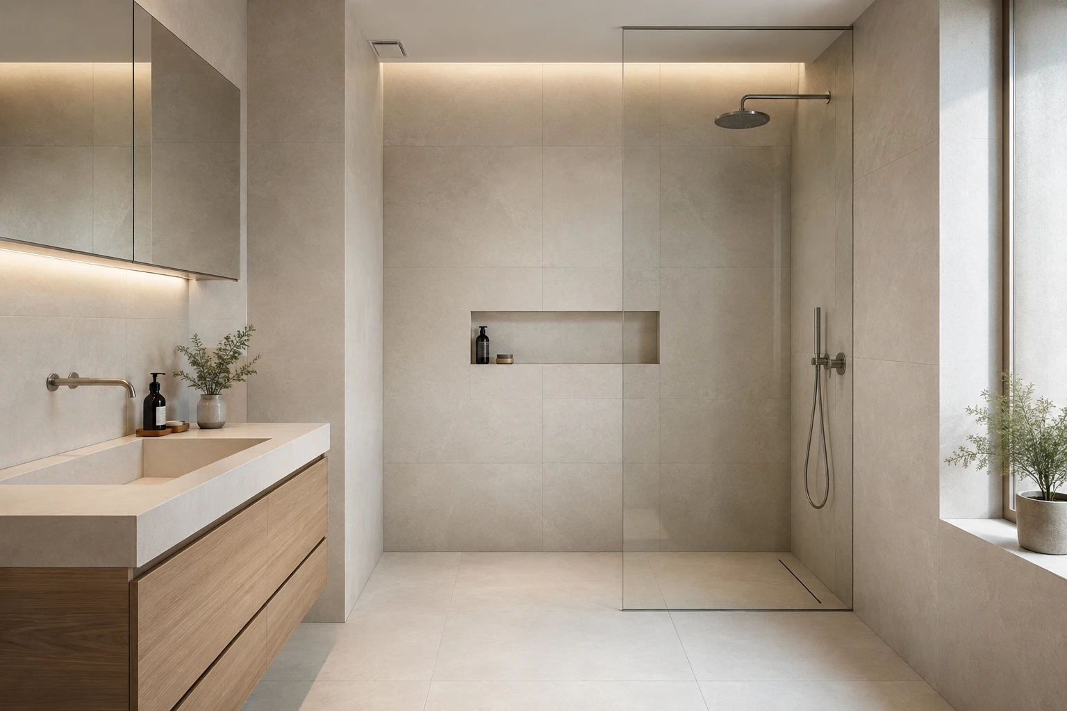 Premium Scandinavian bathroom finished with ceramic wall tiles over a tile backer board system.
