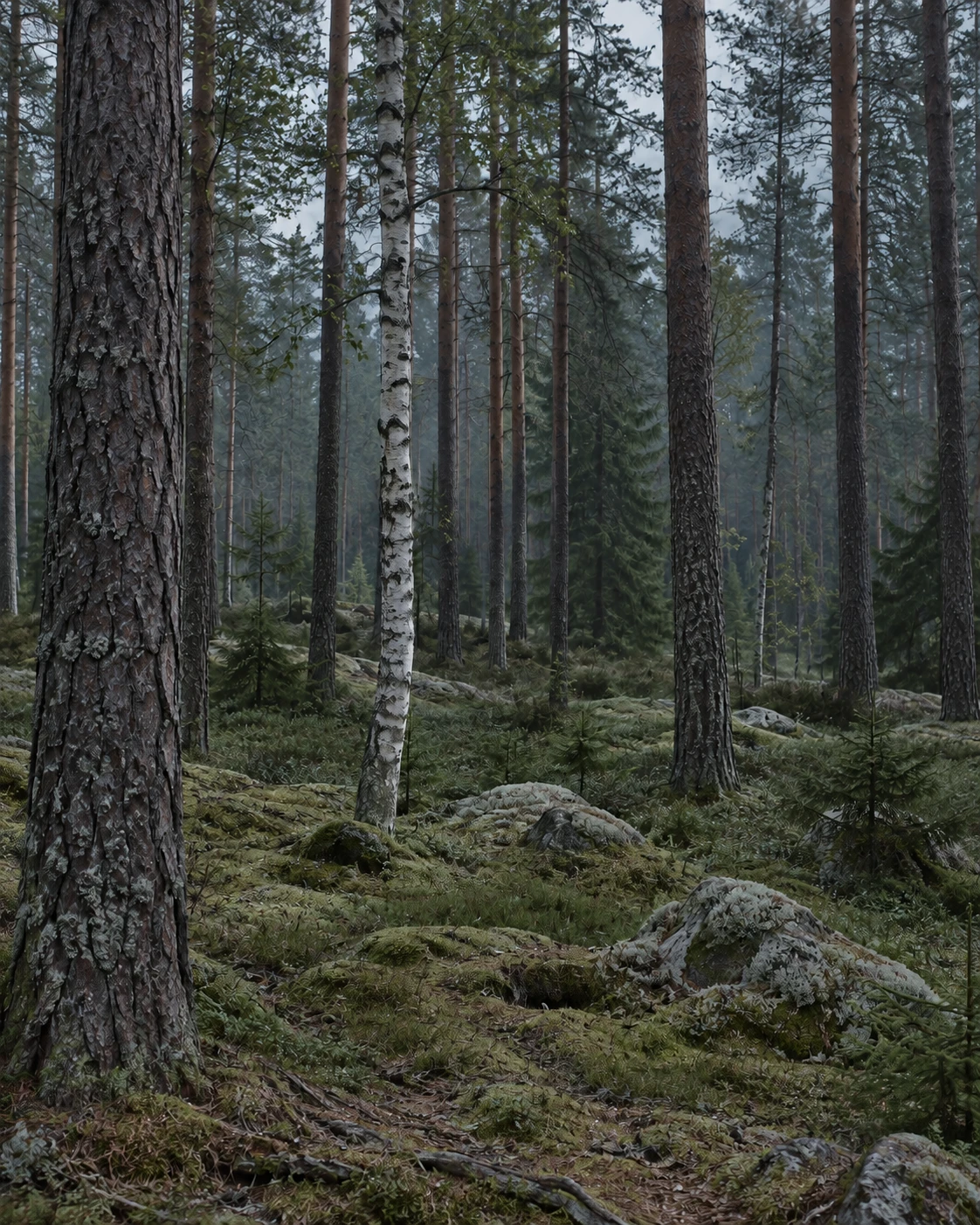 Pine and birch trees above a moss-covered forest floor.