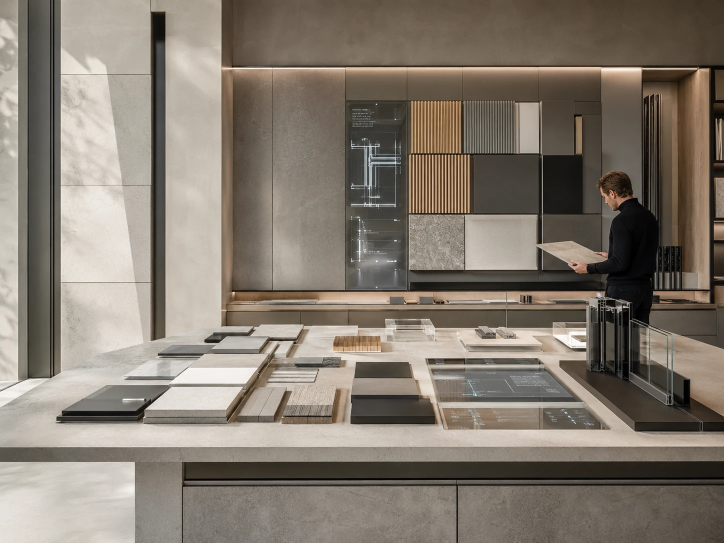 Scandinavian architectural material knowledge studio with façade samples and technical building-material details