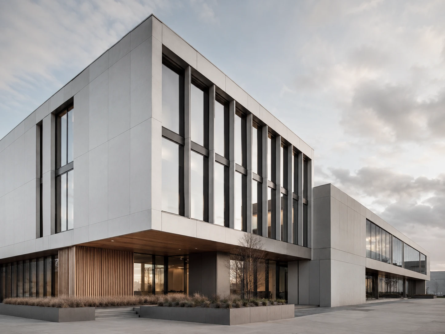 Contemporary Nordic building with a panelled façade and architectural glazing