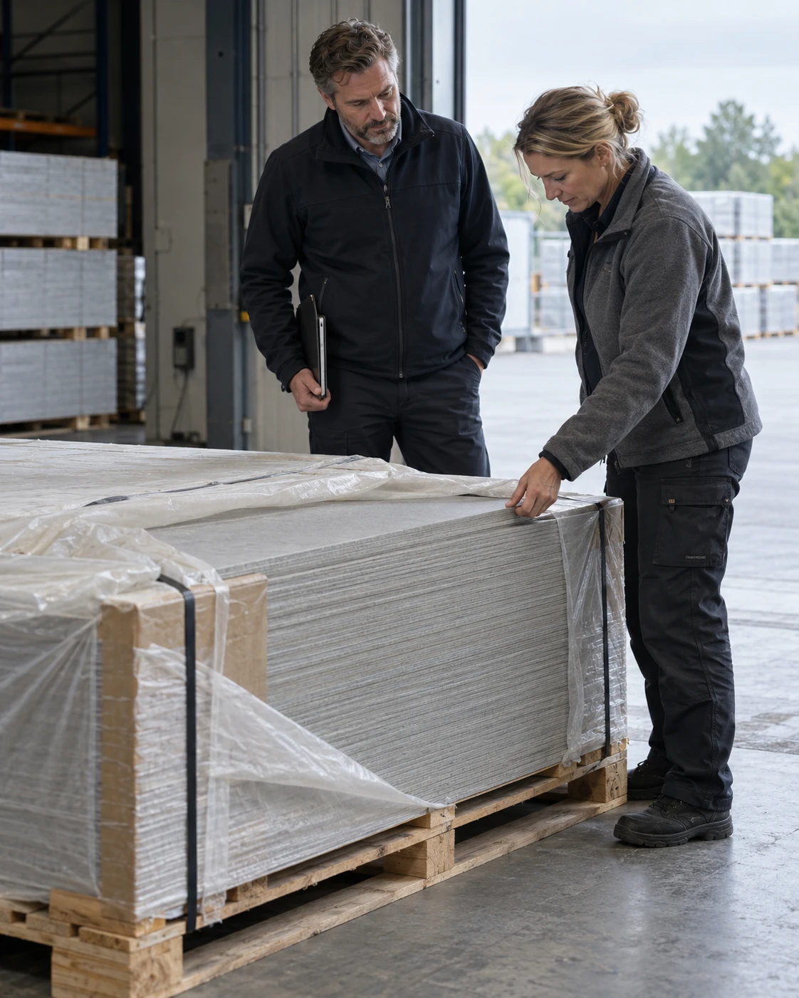 Two professionals inspecting a delivered stack of construction boards in a materials receiving area.