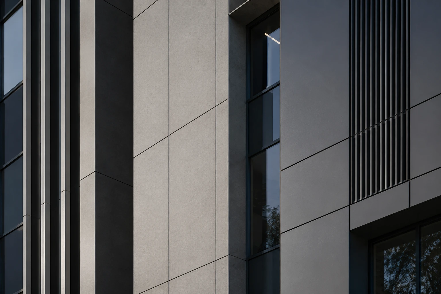 Contemporary façade with fibre cement, metal cladding and glazing details