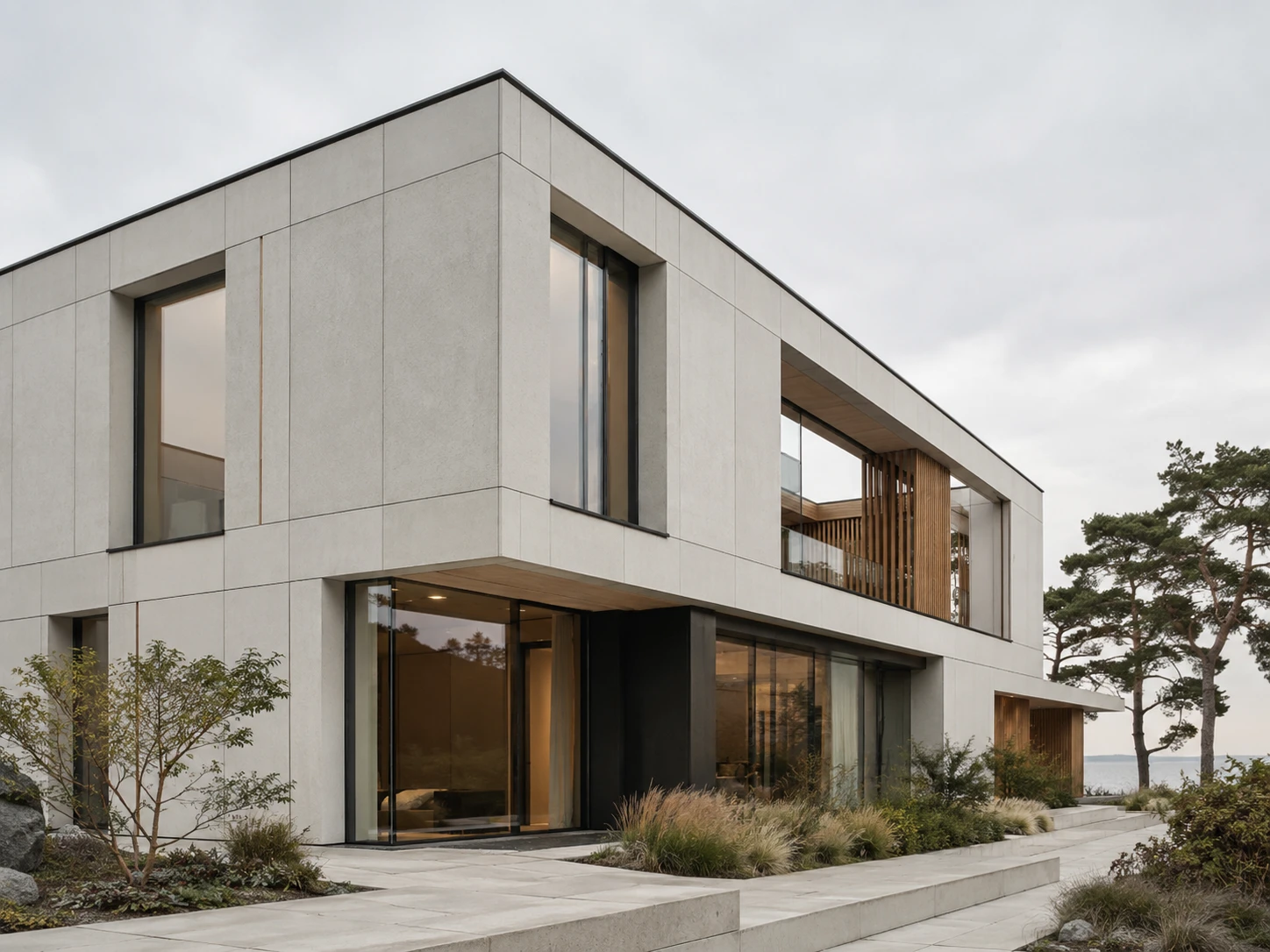 Contemporary Nordic building using cement particle board panels.