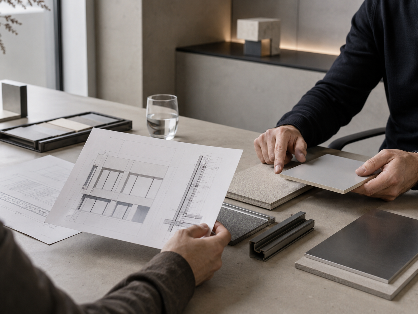 Architectural material consultation with façade drawings and finish samples