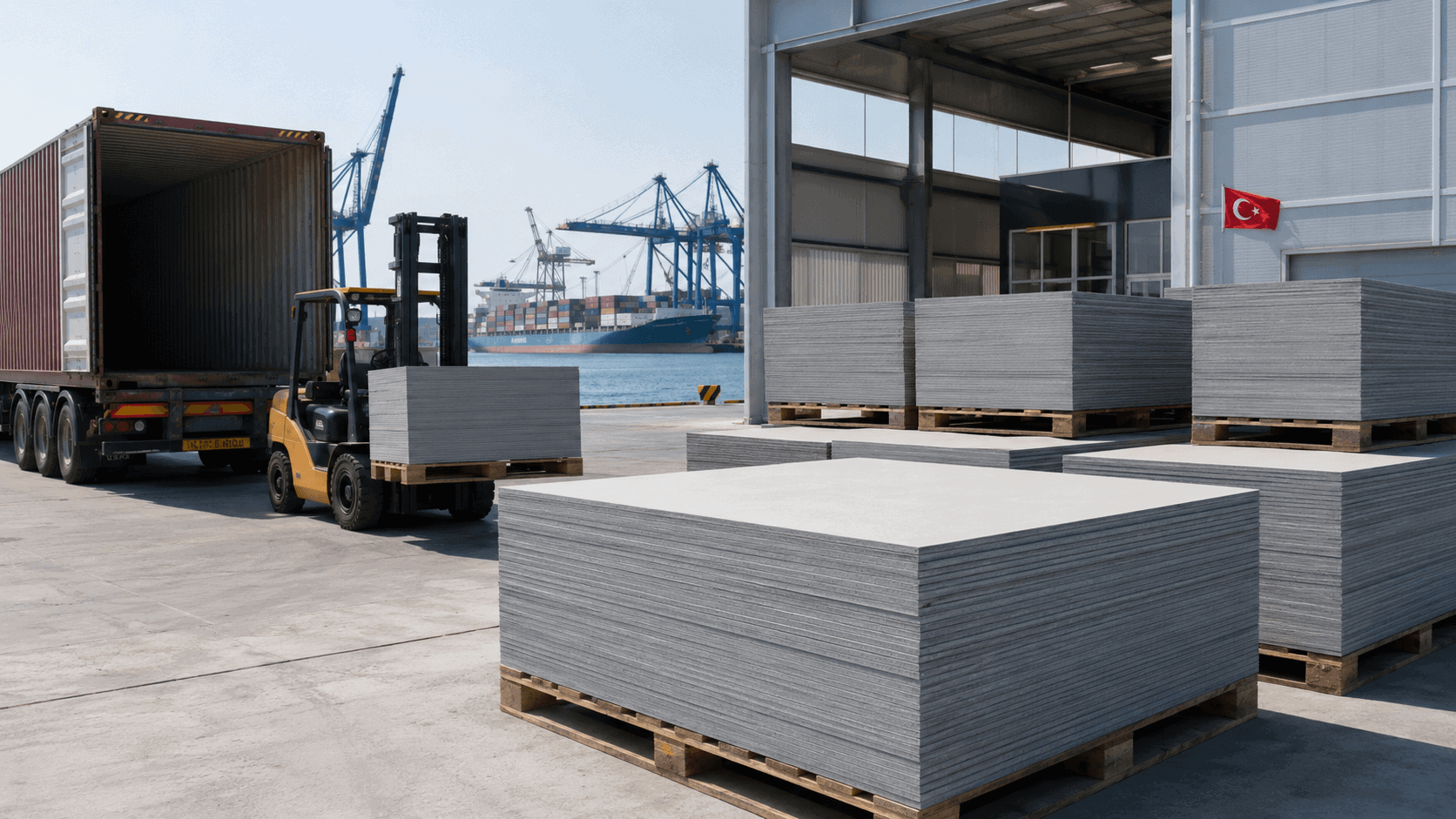 Fiber cement boards from Turkey stacked on pallets for export shipment near a port and warehouse