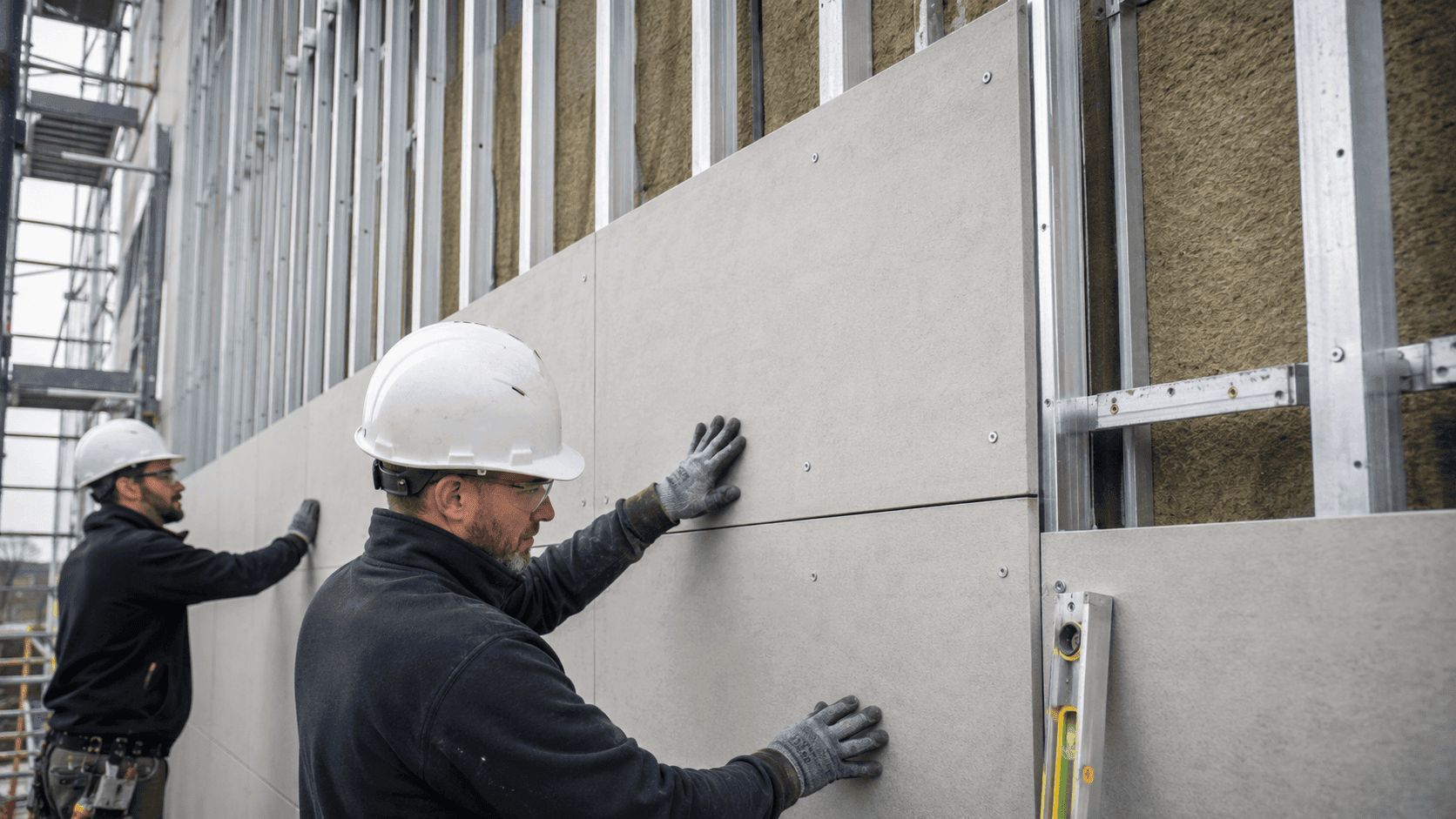 Construction workers installing light grey fiber cement boards on an exterior wall system with metal framing, insulation, visible fasteners, and alignment tools.