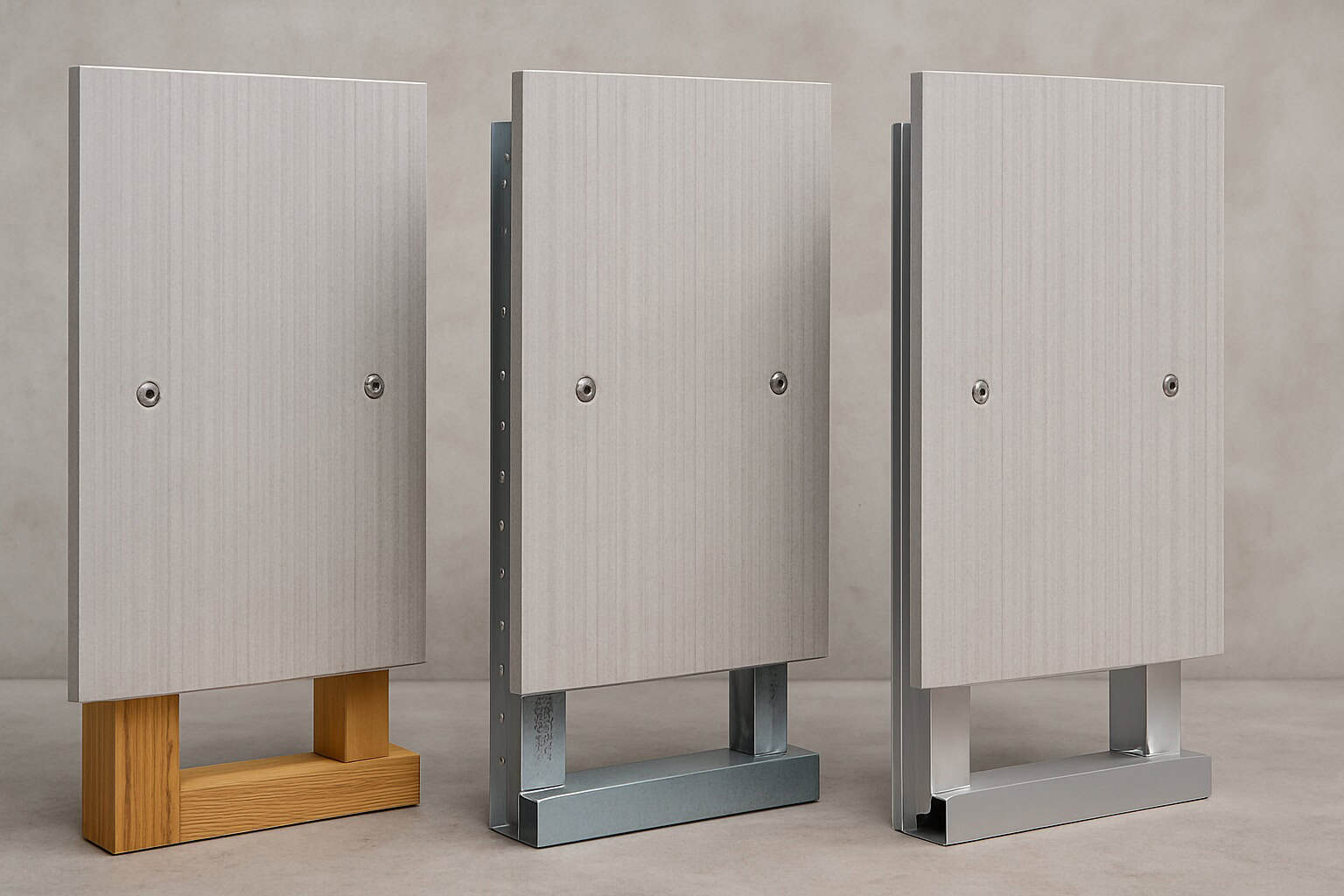 Fiber cement board samples mounted on timber, galvanized steel, and aluminum substructures for façade installation comparison.