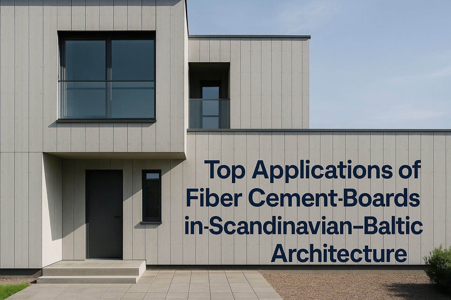 Modern Scandinavian-Baltic style house façade finished with vertical fiber cement boards, featuring the article title printed on the wall.