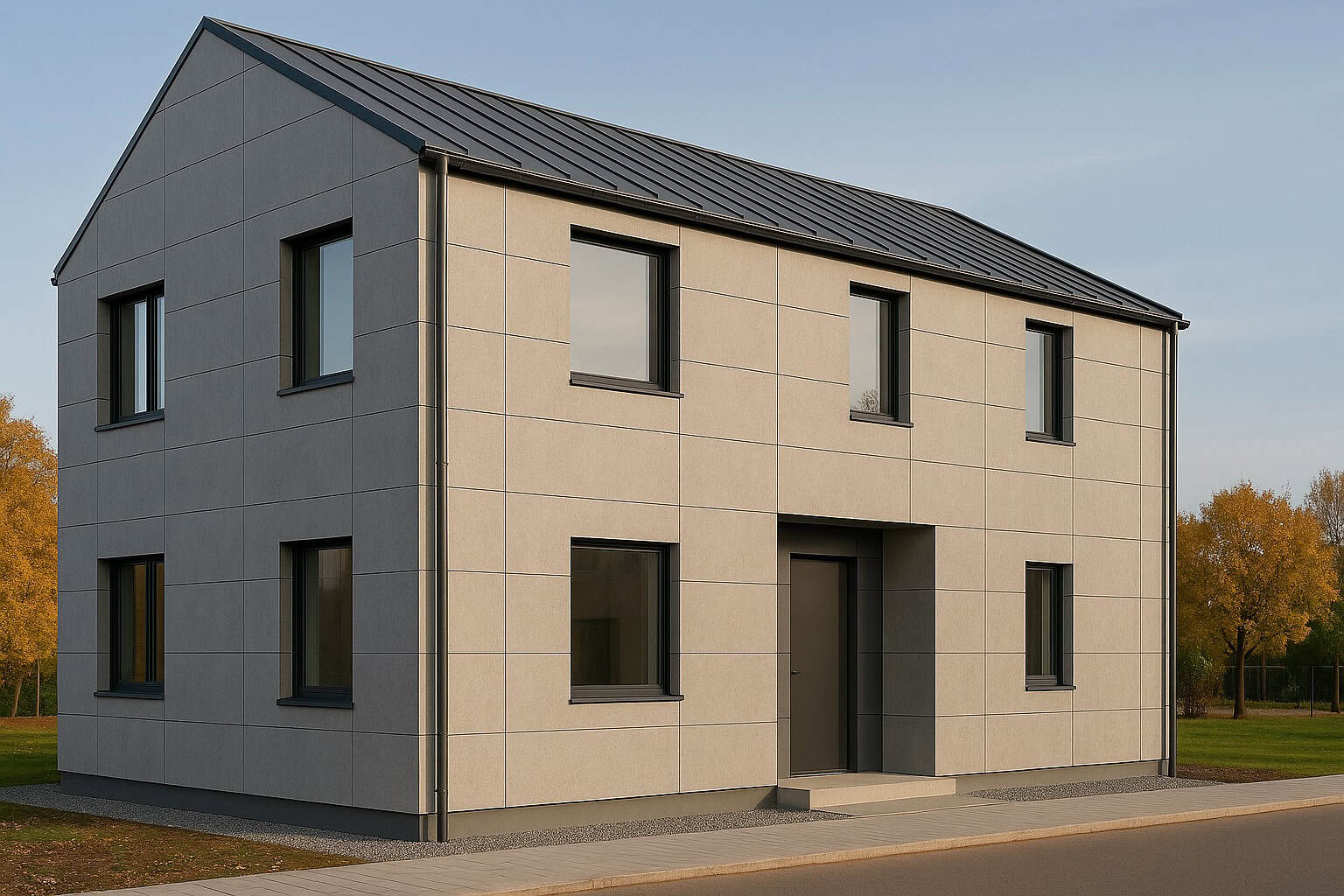 Modern two-storey house finished with fiber cement board façade panels in a Baltic climate setting