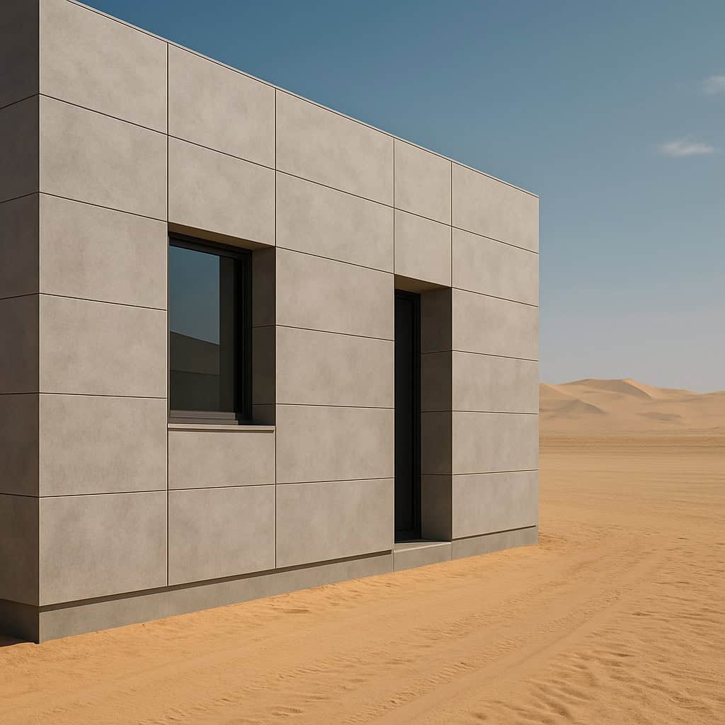 “Modern building with a fiber cement board façade standing in a desert environment under intense sun.