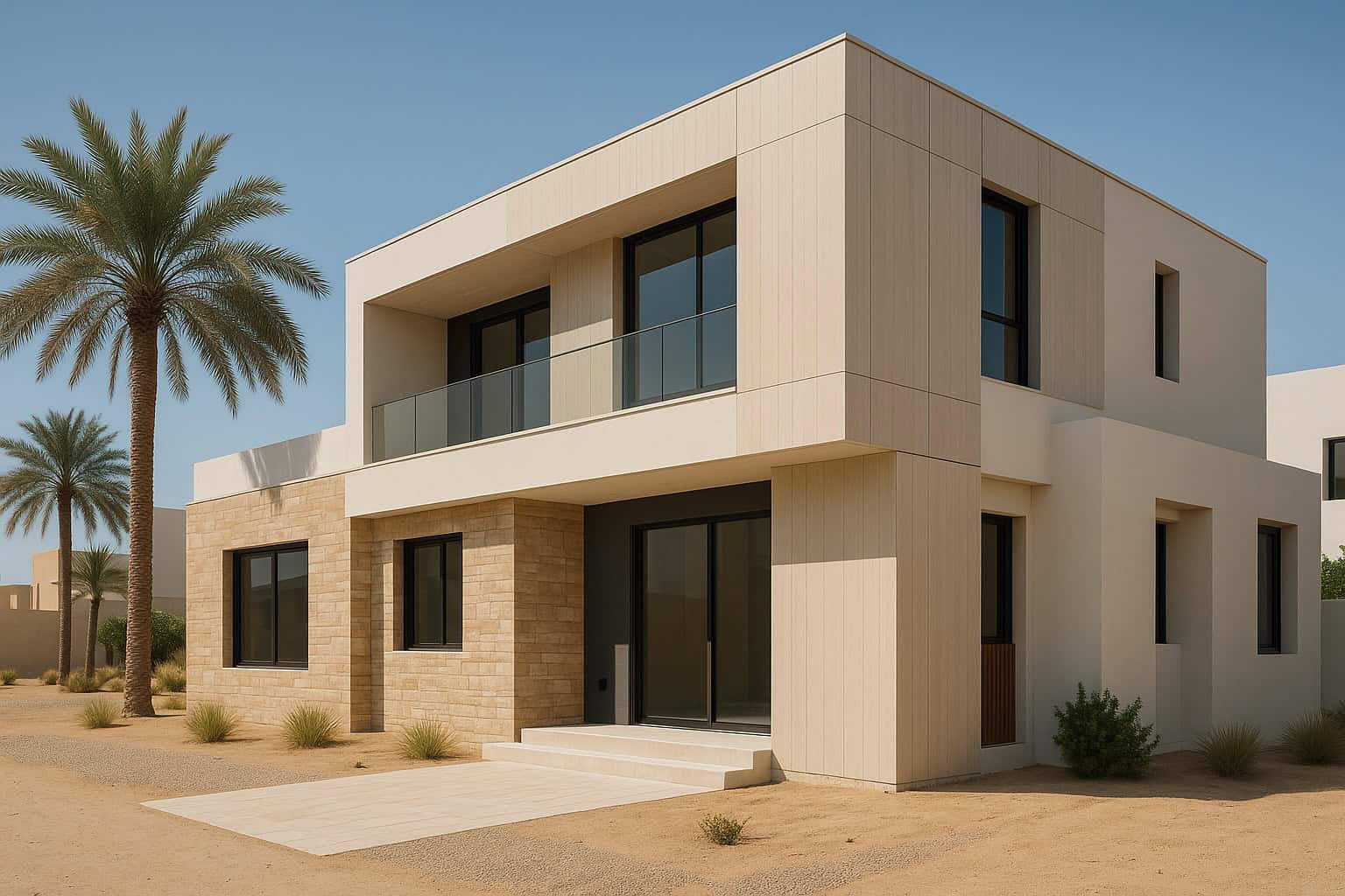 Modern Gulf villa featuring fiber cement board cladding and stone accents in a desert climate.
