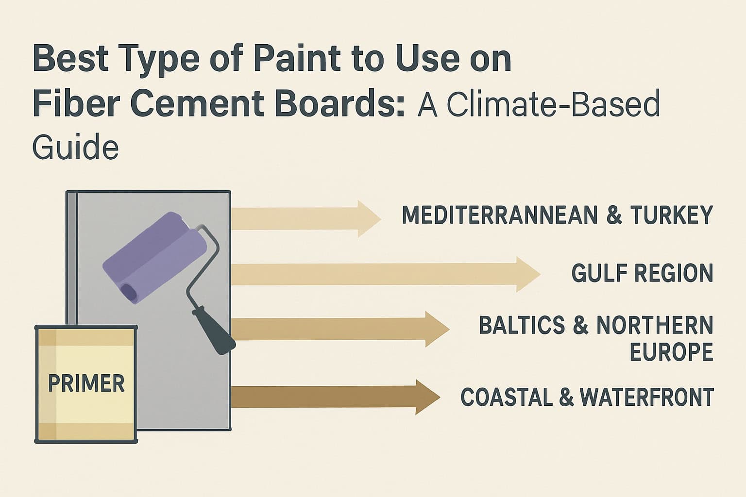 climate-based guide illustrating which paint types to use on fiber cement boards, with primer and roller graphic