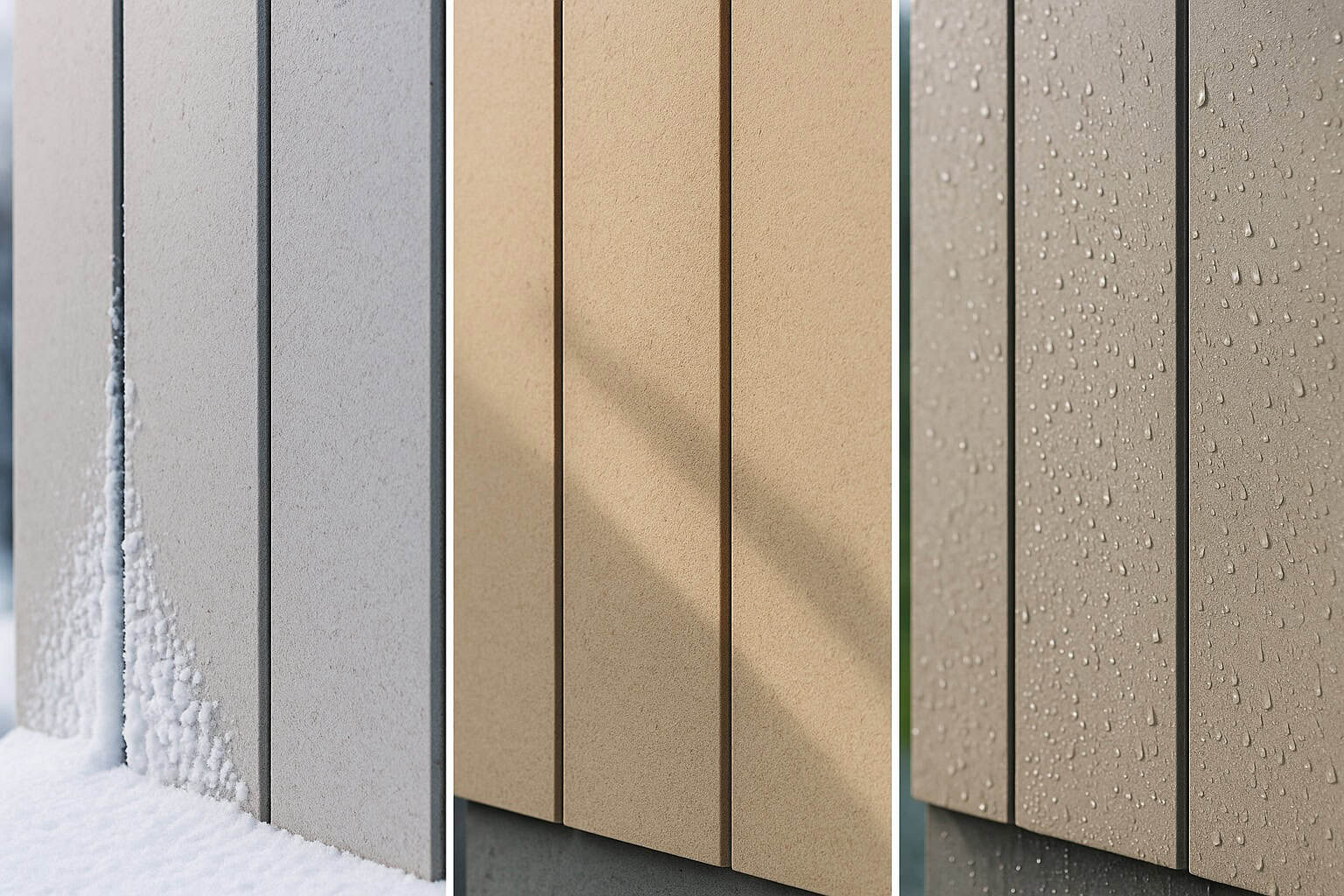 Fiber cement boards exposed to snow, sunlight, and moisture, showing their performance under different weather conditions.