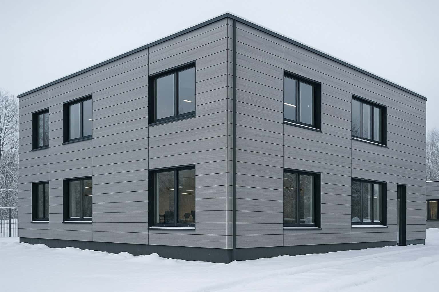 Fiber cement board facade on a modern building in snowy Baltic climate showing moisture and frost resistance
