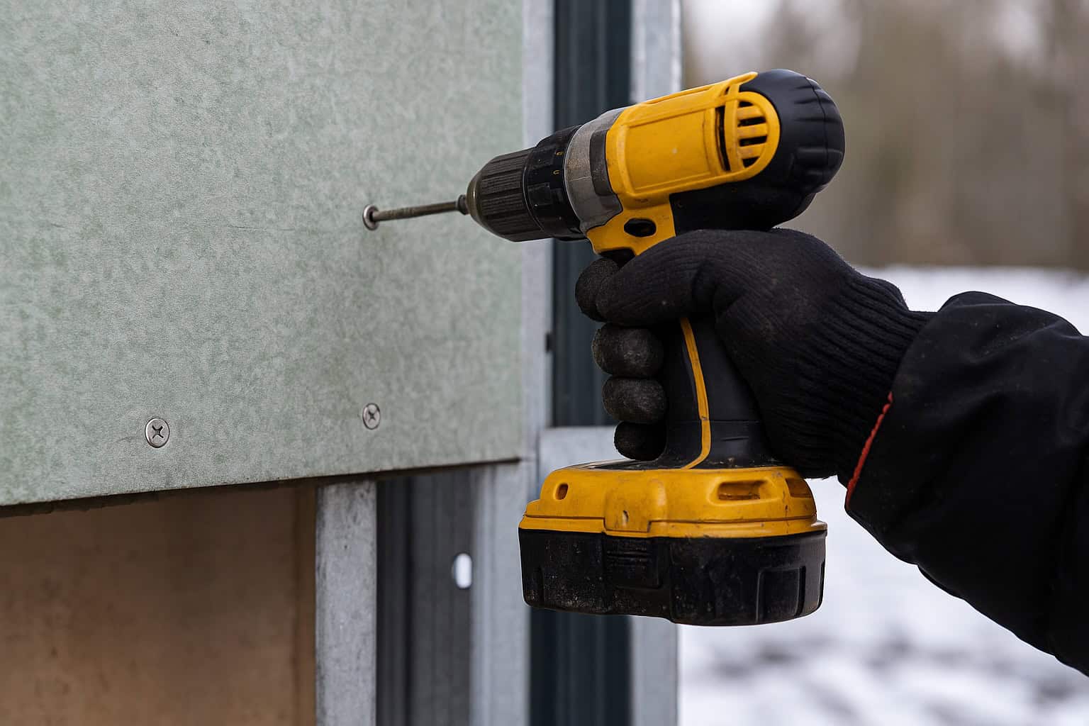Close-up of a worker using a yellow power drill to install screws into a fiber cement board mounted on a metal subframe during exterior construction.