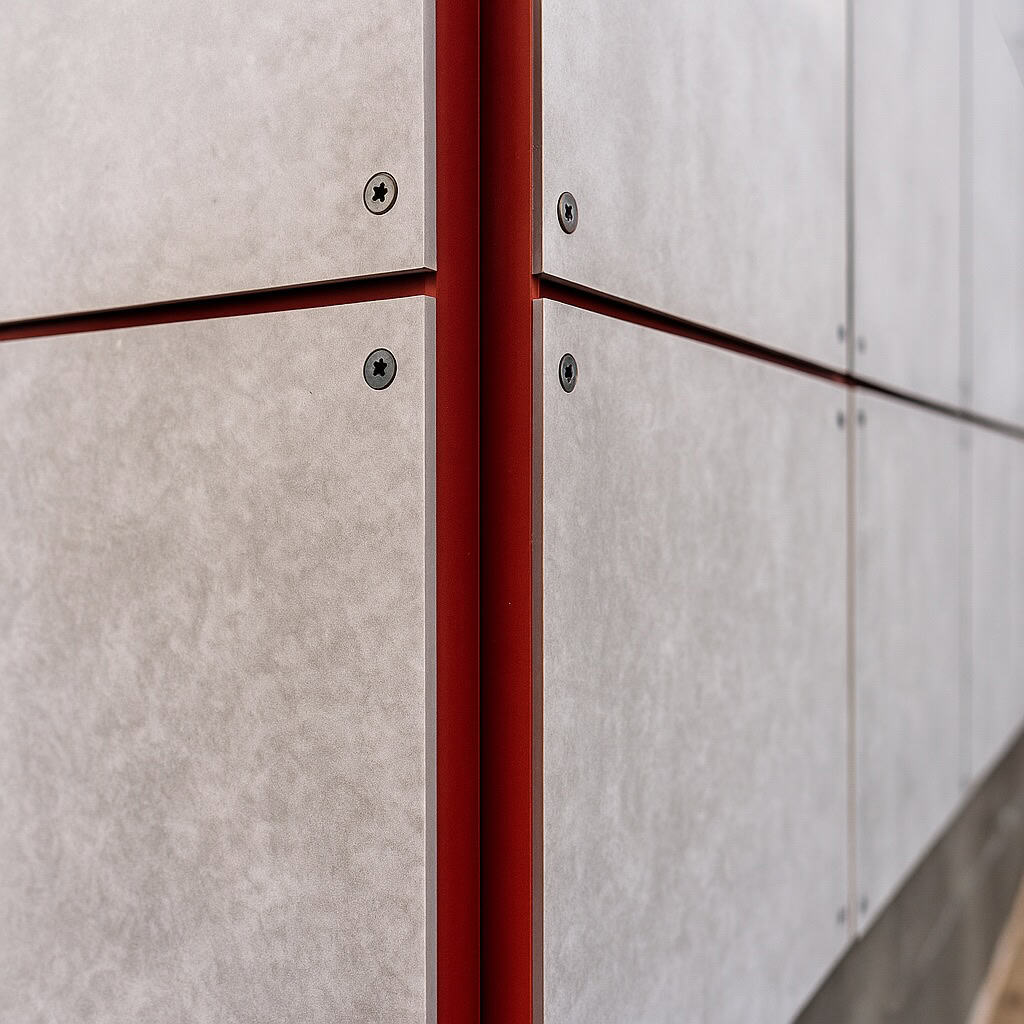 Close-up view of fiber cement façade panels installed with visible screws over a red metal subframe, demonstrating joint alignment and ventilation gap.