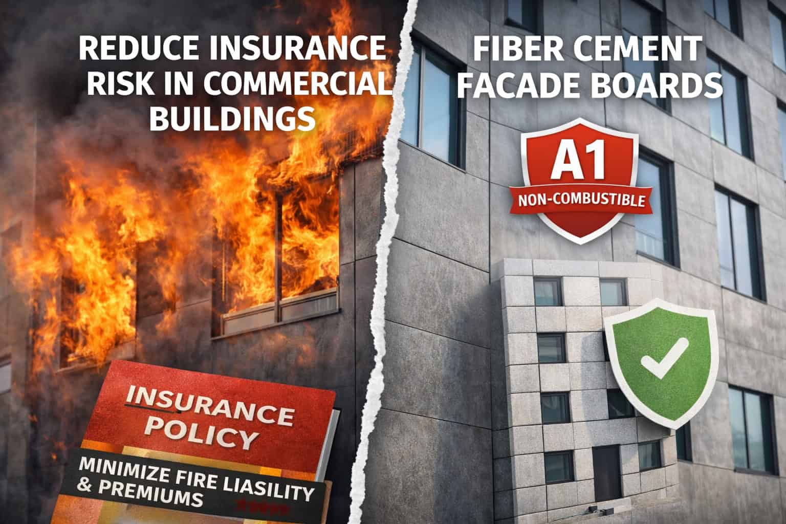 fiber cement facade boards reducing insurance risk with A1 non-combustible fire rating in commercial buildings