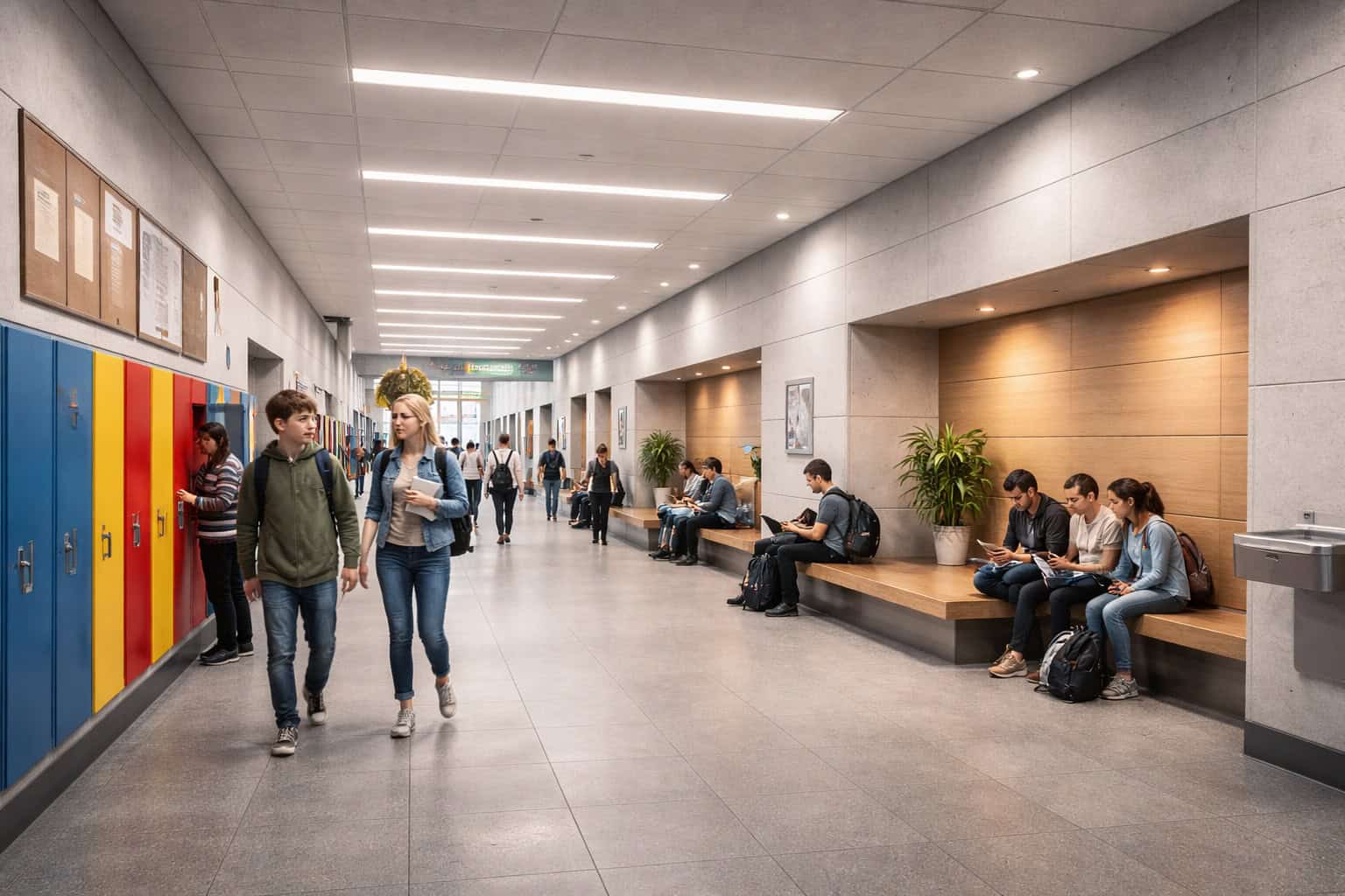 fiber cement boards used in school and university interior corridors