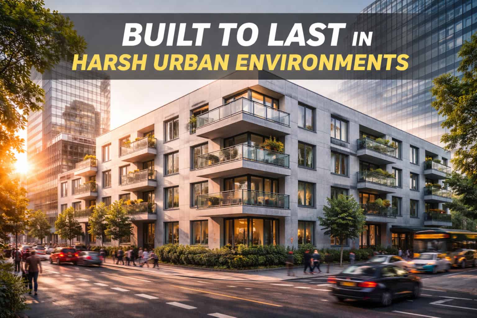 Fiber cement boards used on residential building facade in harsh urban environment for long-term durability