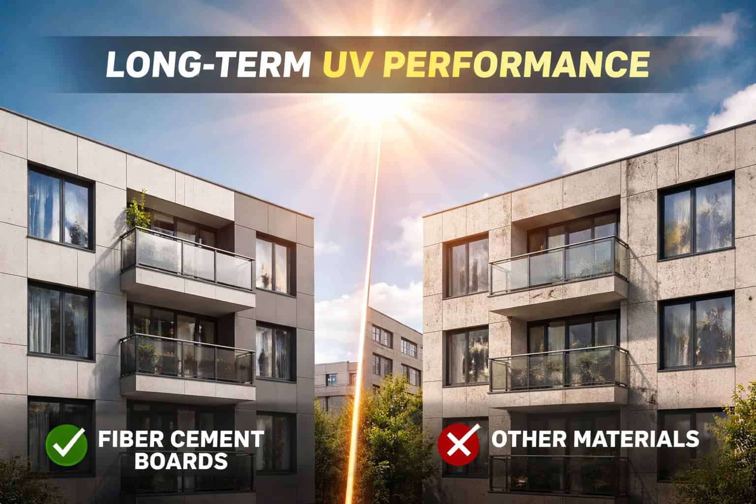 Comparison of fiber cement boards and other facade materials showing long-term UV performance and resistance to sun exposure