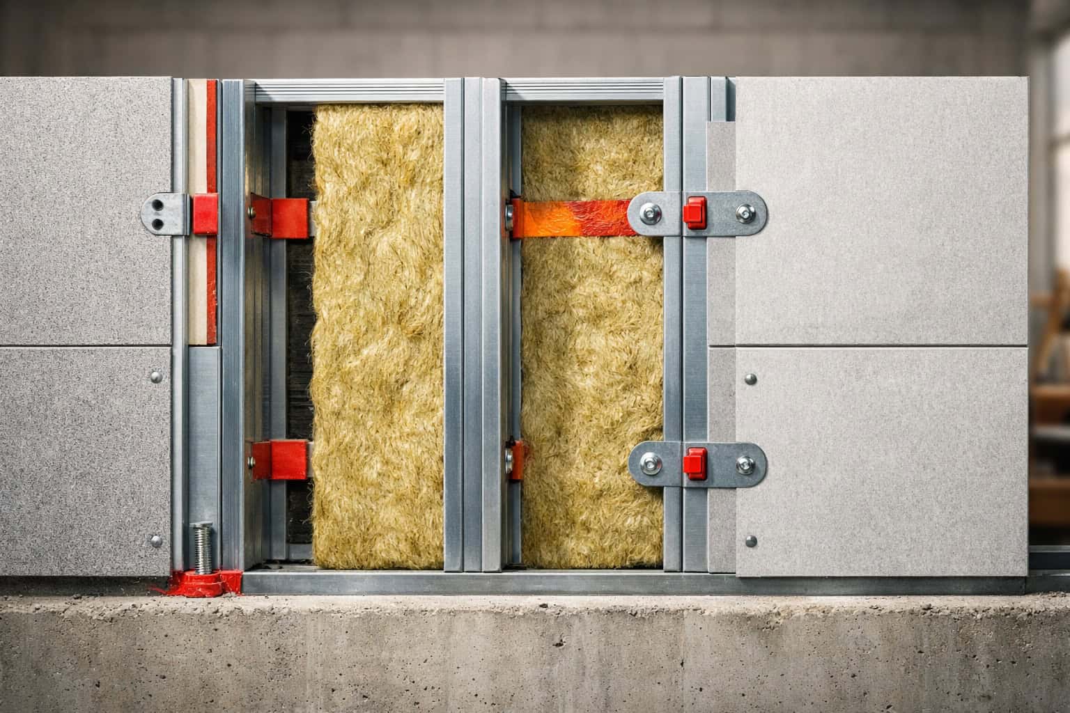 Fire-rated wall assembly cross section showing fiber cement boards, steel framing, mineral wool insulation, and fire-resistant fixings