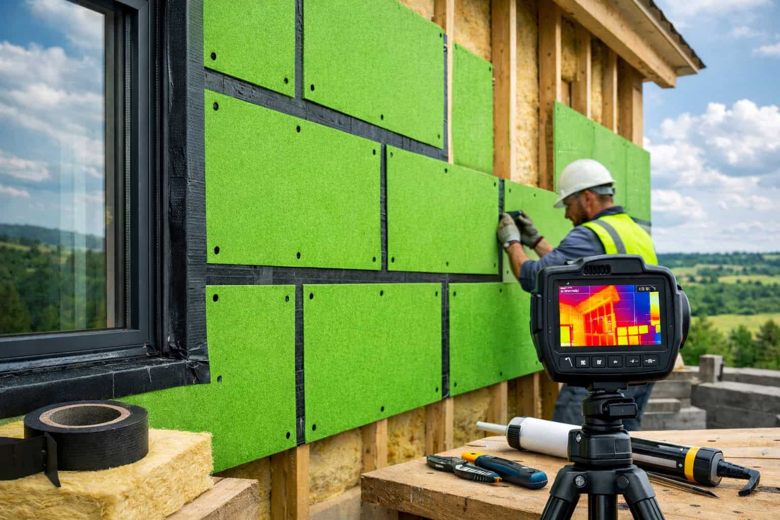 Bright green exterior sheathing boards installed on a timber frame wall to improve airtightness and energy efficiency