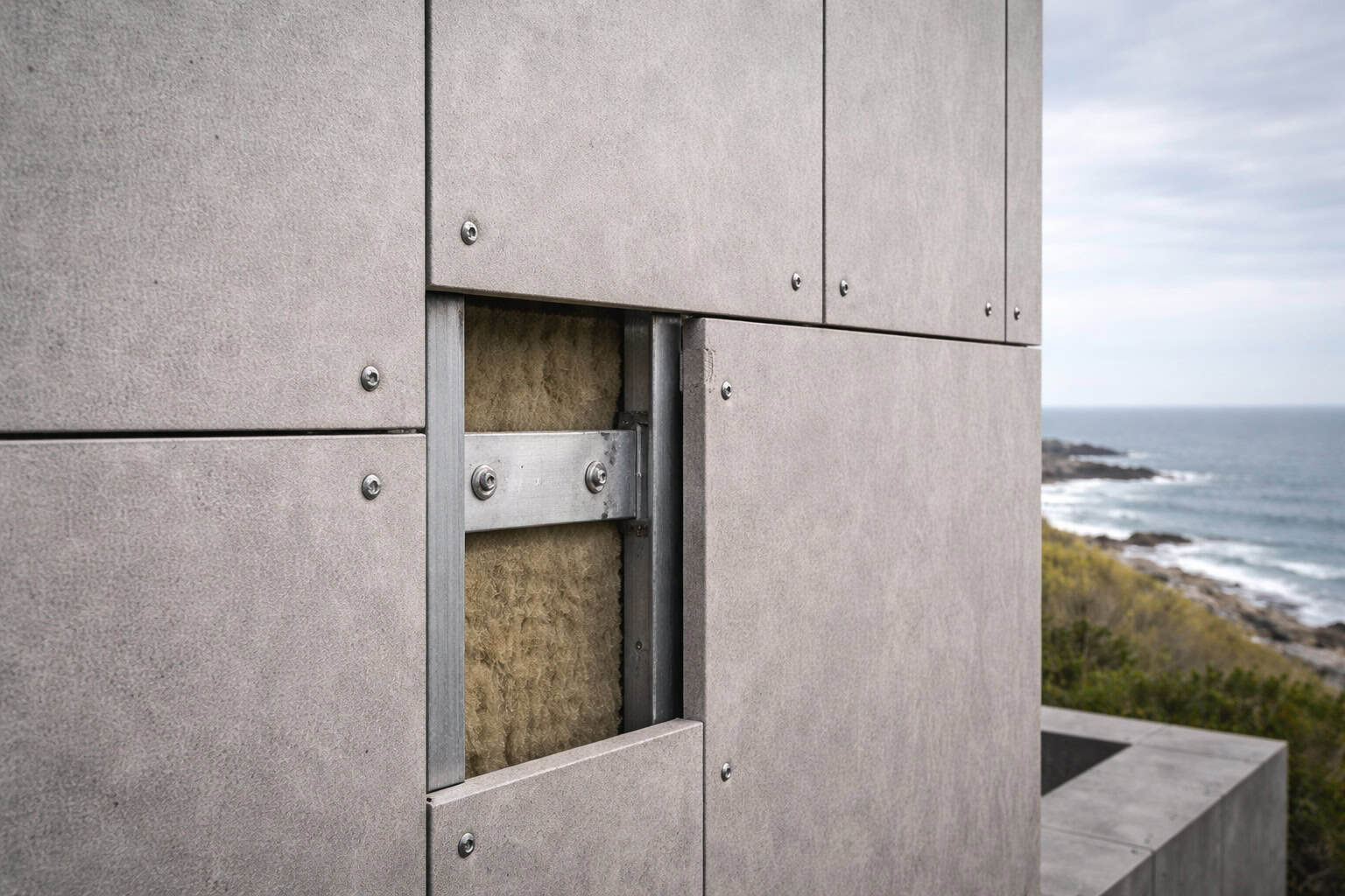 Coastal fiber cement board façade with stainless steel fixings and ventilated subframe expos