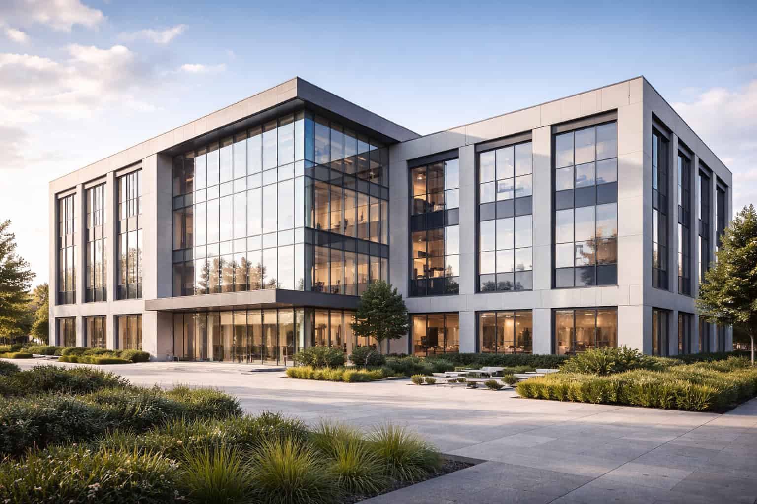 modern commercial office building designed for long-term durability and fire-safe construction