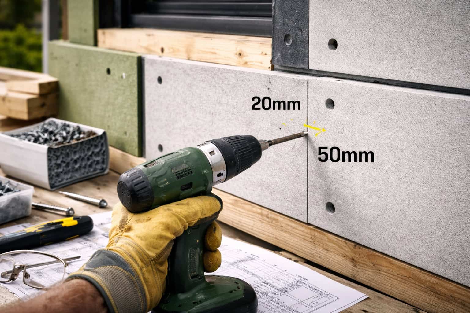 Fiber cement board edge distance showing 20 mm from edge and 50 mm fixing spacing during installation