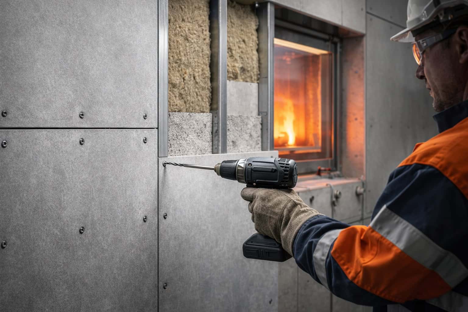 Fire-rated fiber cement board wall with steel framing and correct screw fixings during inspection