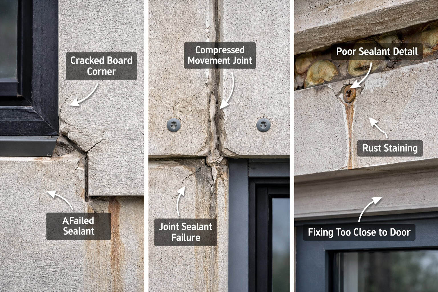 Fiber cement board interface failures showing cracked window corners, compressed movement joints, failed sealants, and fixing stress at doors