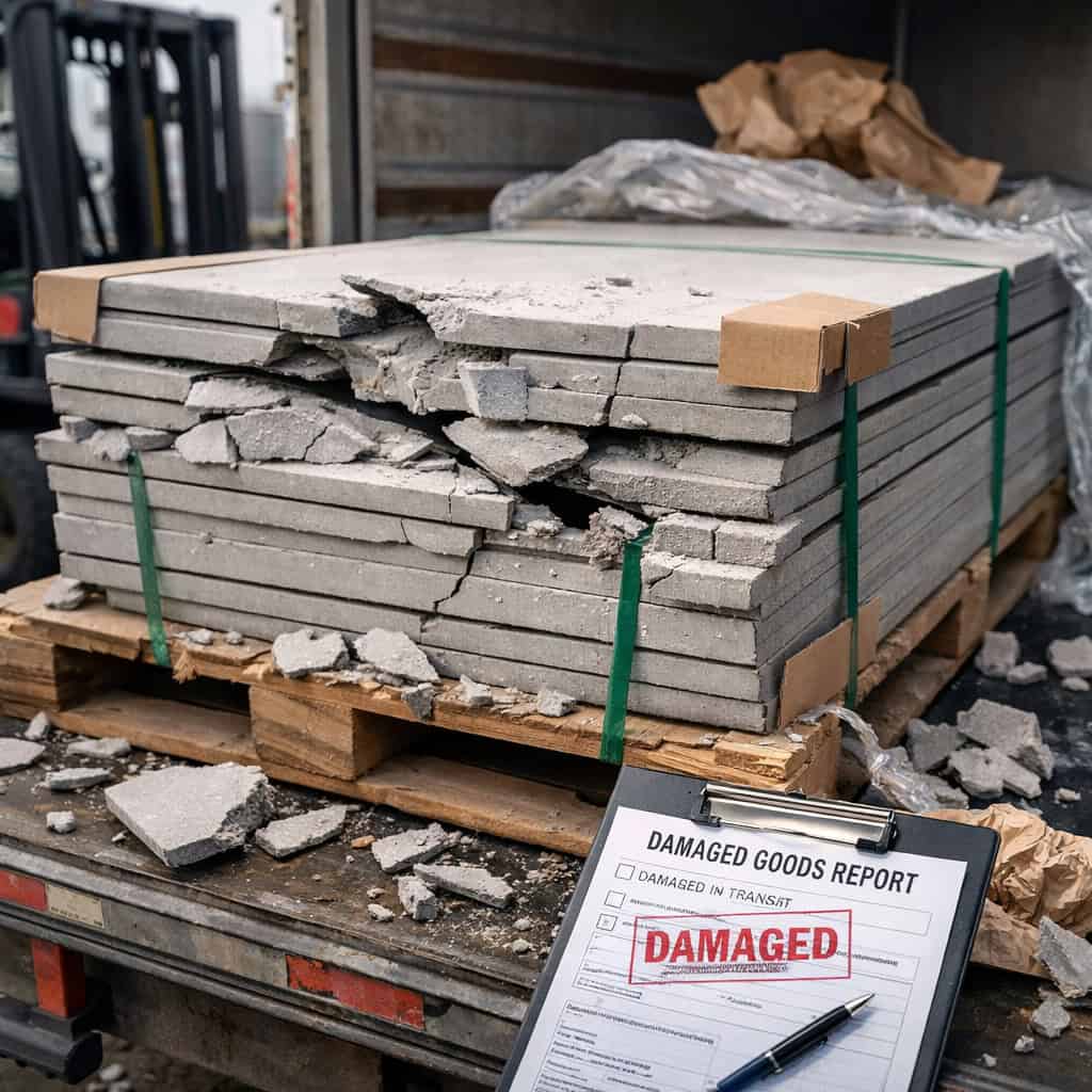 Fiber cement board transport damage showing cracked boards on a pallet during delivery