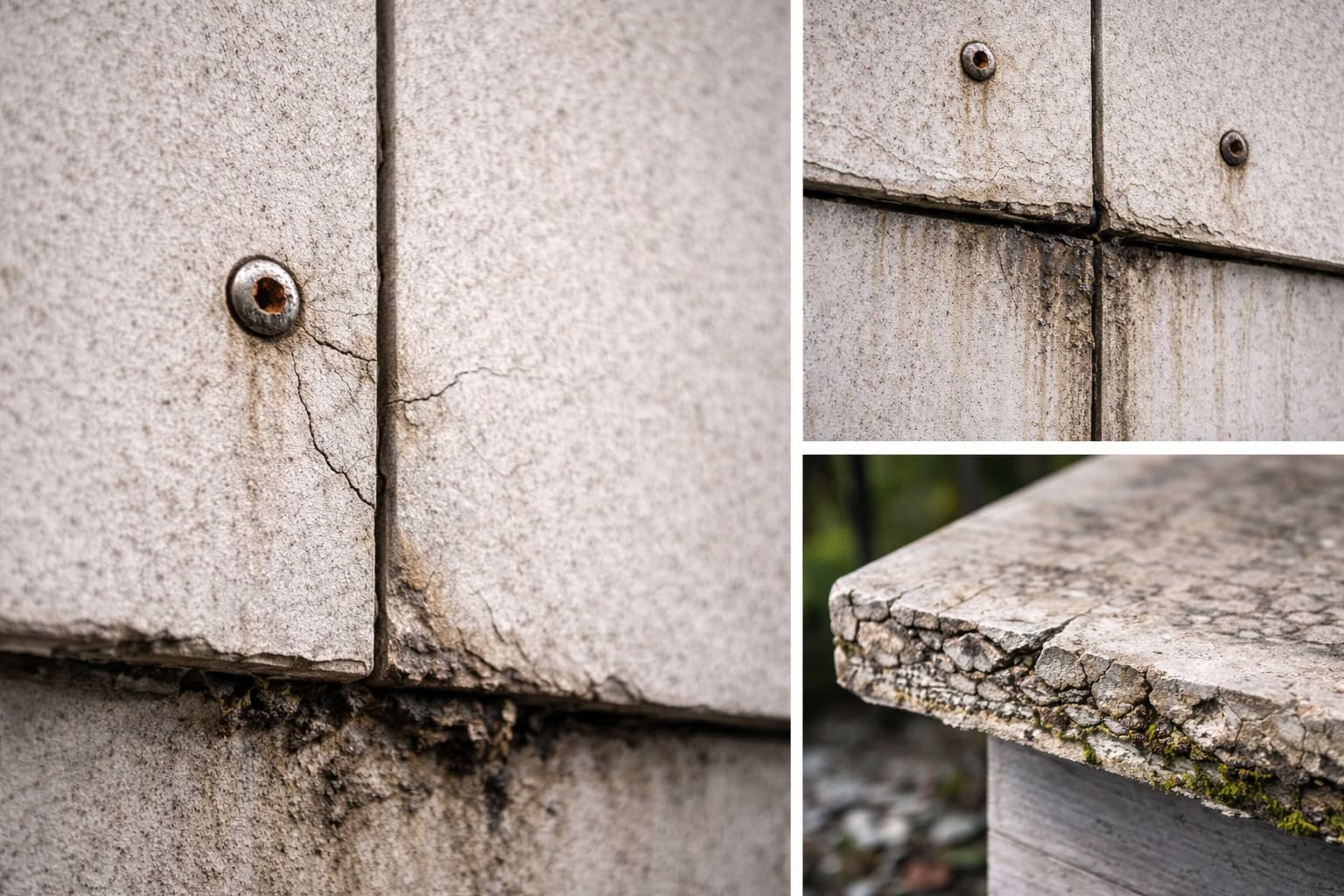 Moisture cycling fatigue in fiber cement boards causing cracks around fixings, joint movement staining, and edge degradation from repeated wet and dry exposure
