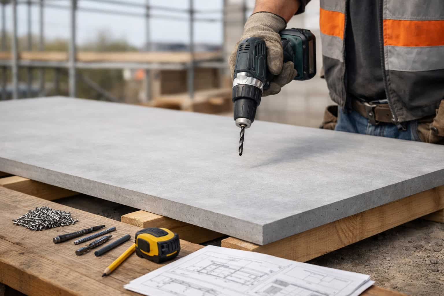 Pre-drilling preparation for fiber cement board using cordless drill and correct drill bit before fixing