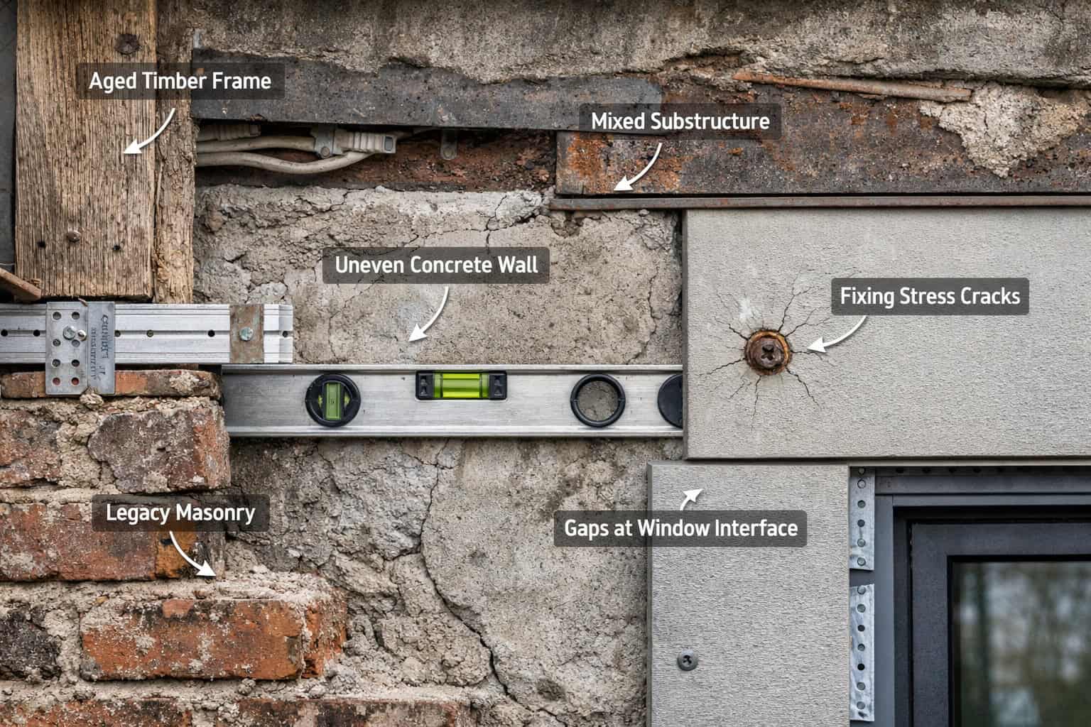 Fiber cement board retrofit on uneven existing substructures showing aged masonry, timber framing, fixing stress, and window interface gaps