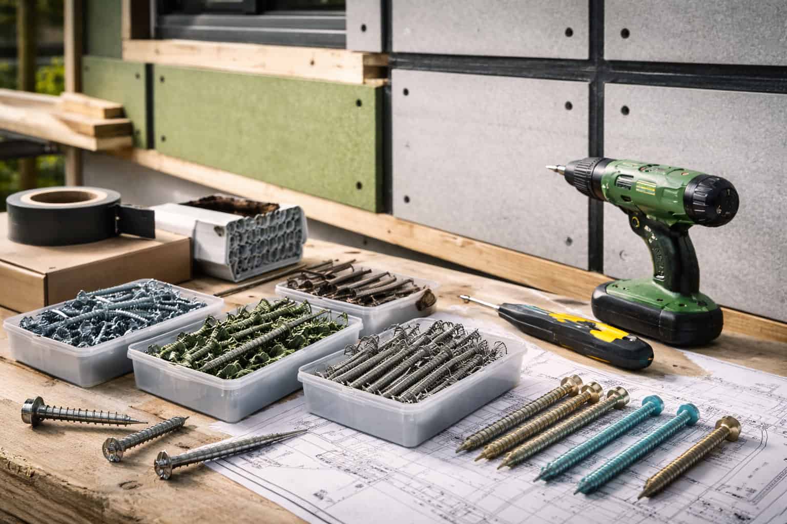 Fiber cement board installation setup with stainless steel screws, drill bits, and cordless drill on a construction workbench