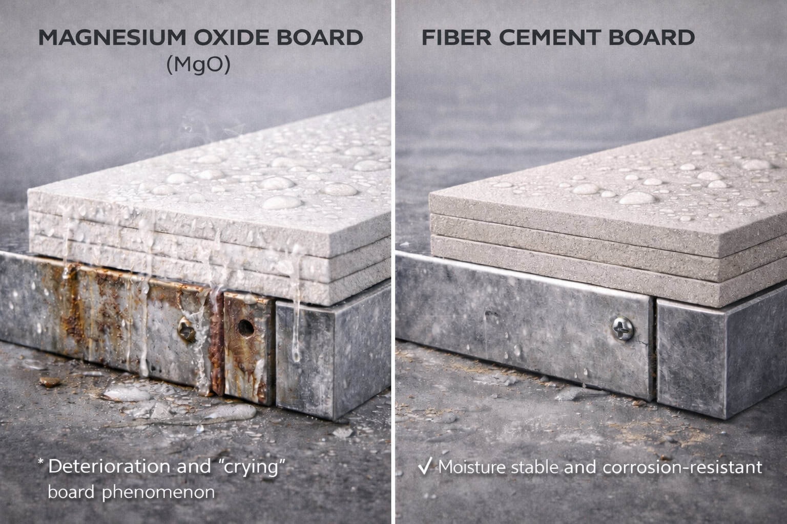 Comparison of magnesium oxide board showing moisture-related deterioration and fiber cement board remaining stable and corrosion-resistant