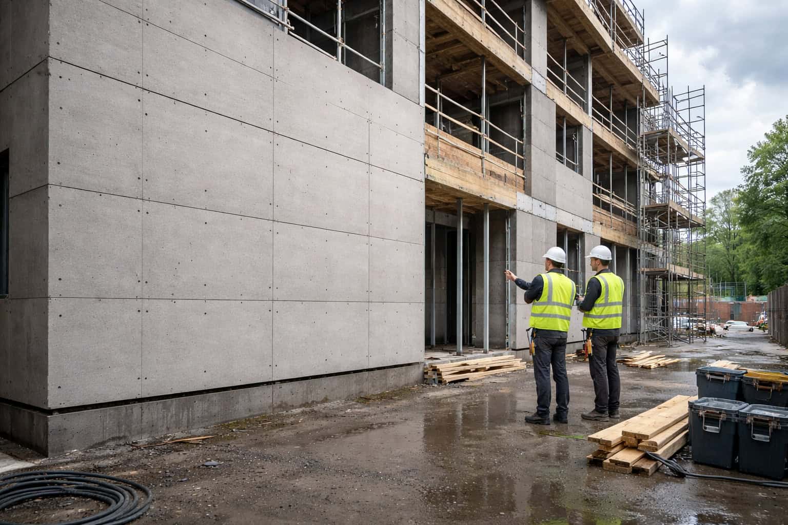 Fiber cement board exterior sheathing installed on a building under construction showing stable performance after weather exposure.