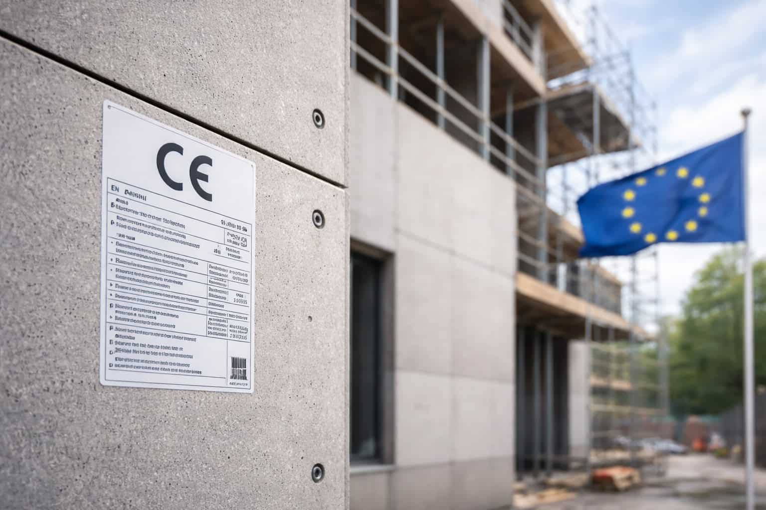 CE marked fiber cement board installed on exterior wall showing compliance with European standards and fire rated construction requirements.