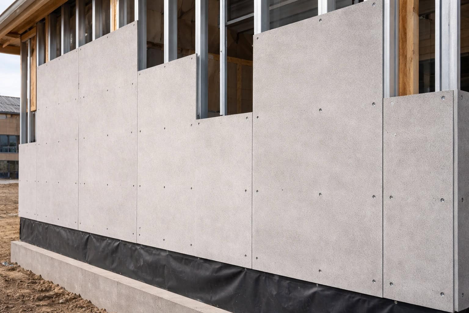 Fiber cement board exterior sheathing fixed to steel framing with visible weather barrier at the base