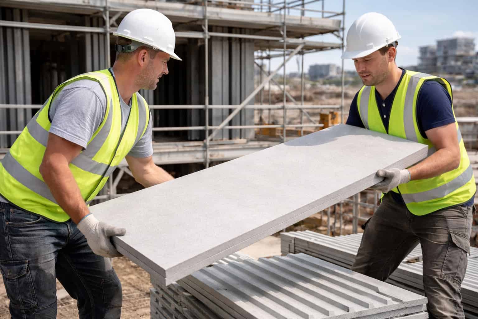 Two workers handling the weight of fiber cement boards during facade installation on site