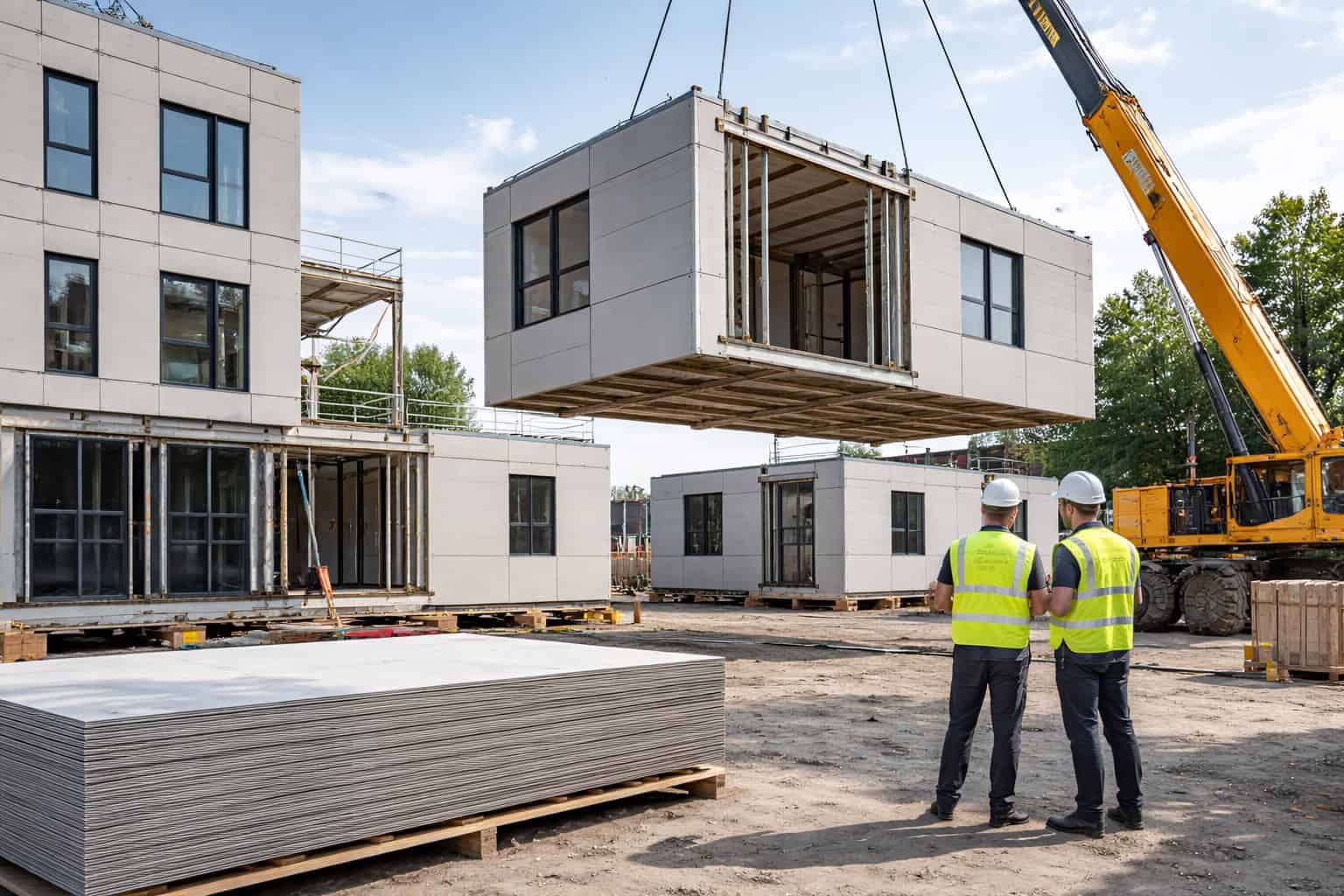 Fiber cement board for modular construction installed on prefabricated building units with LSF framing at a modern construction site.