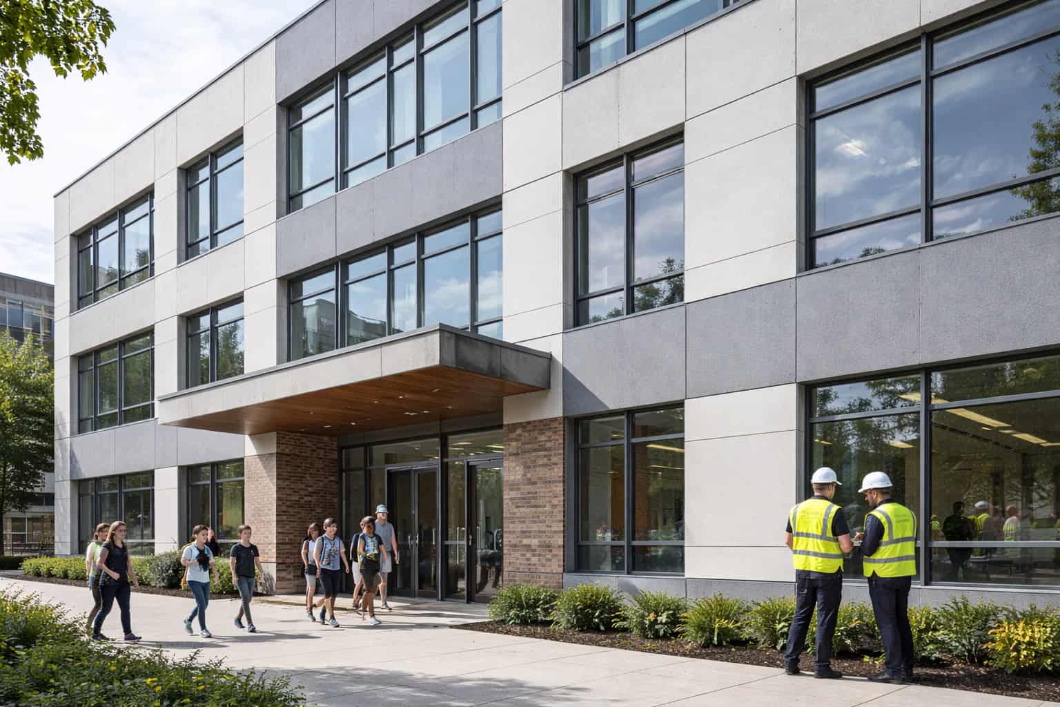 Fiber cement board façade system installed on a modern public school building demonstrating durable and non-combustible exterior wall construction.