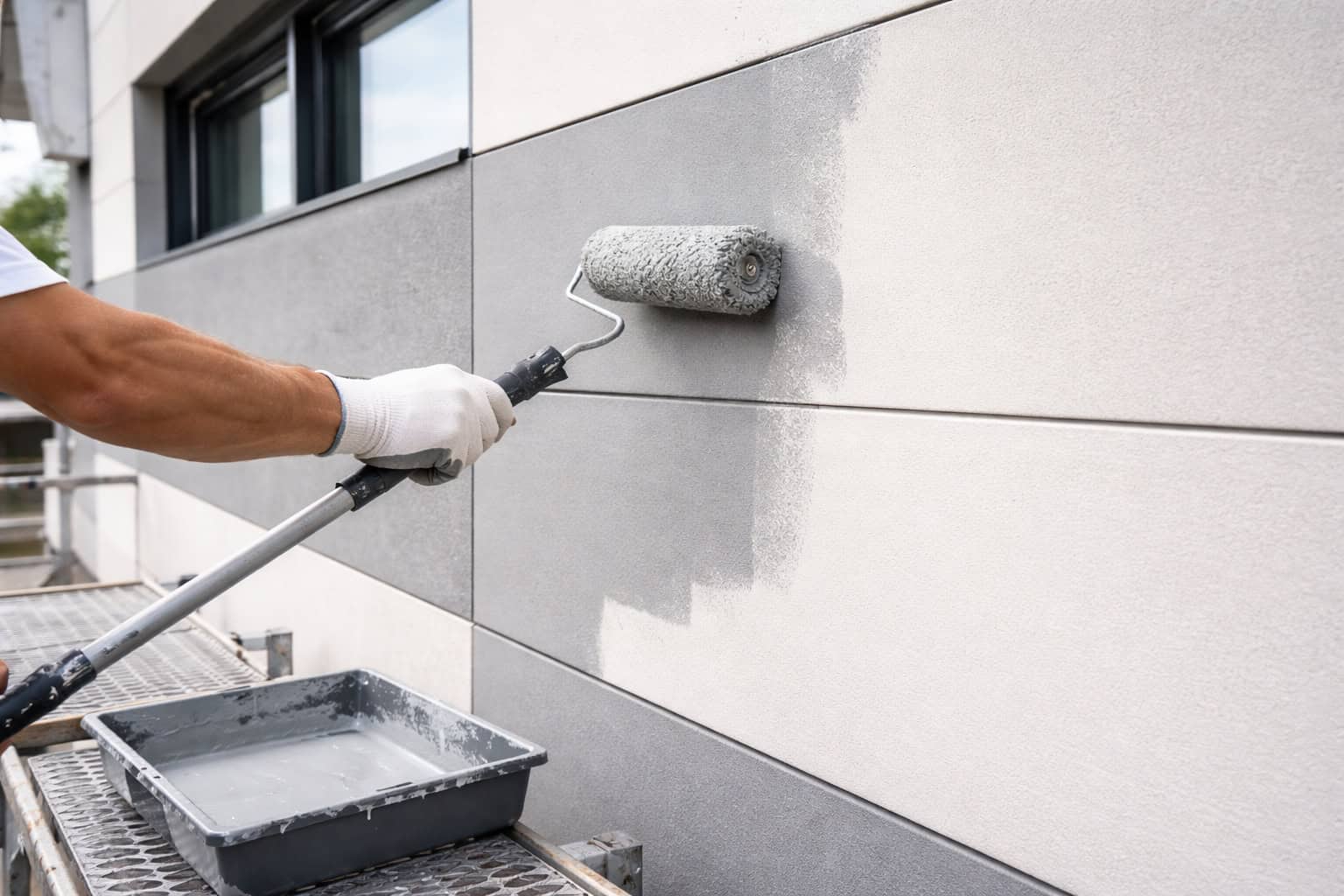 Painting fiber cement boards on a building facade during exterior recoating work