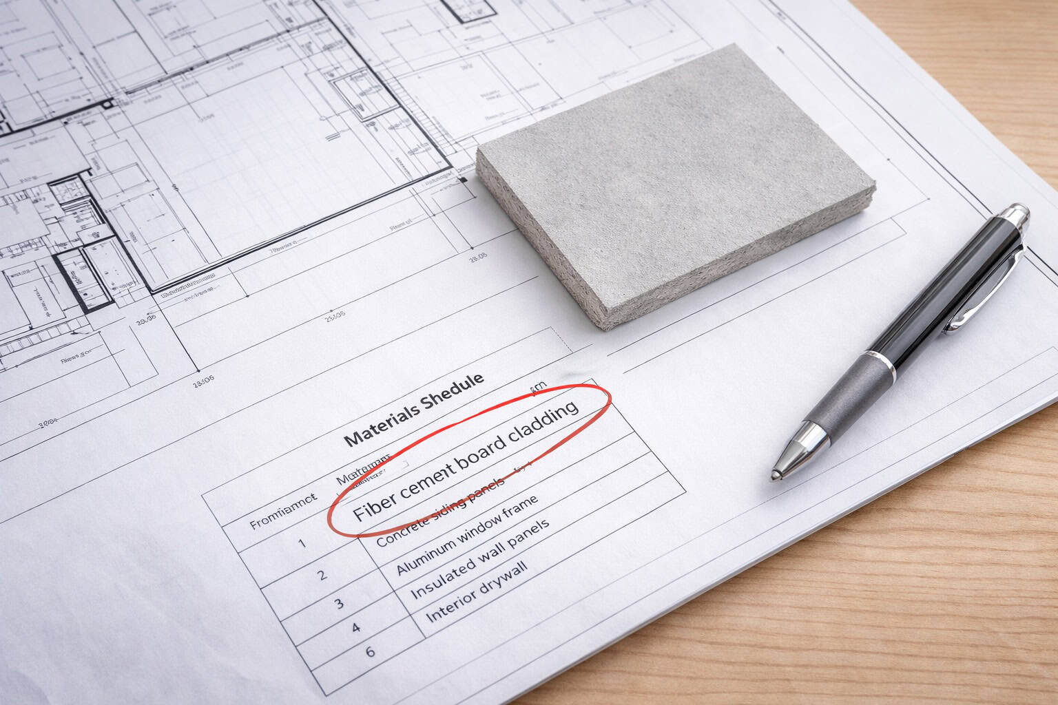 Fiber cement board cladding highlighted on an architectural materials schedule next to a fiber cement sample