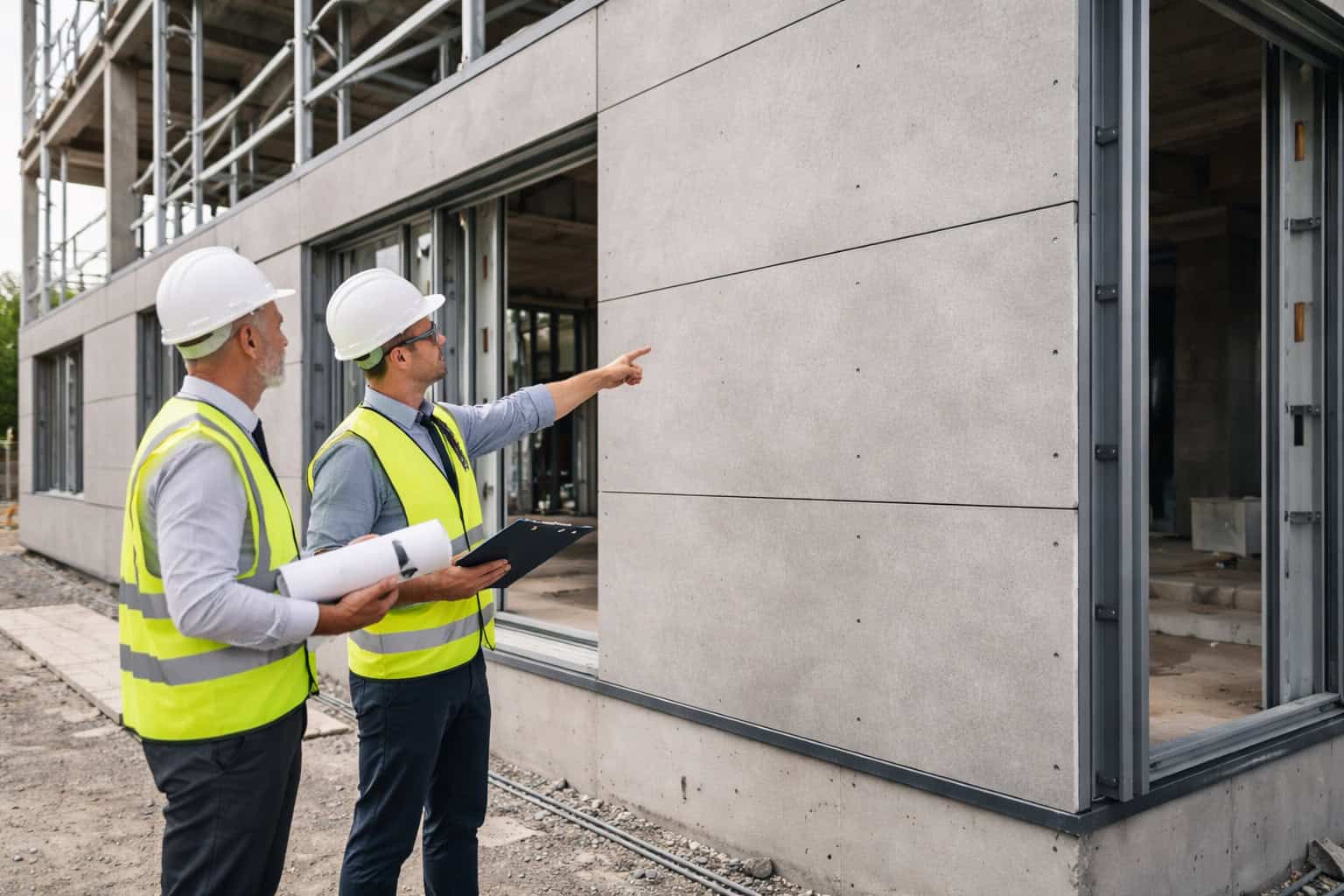 Fiber cement boards installed on a commercial building facade and inspected on site as a safe and trusted construction material