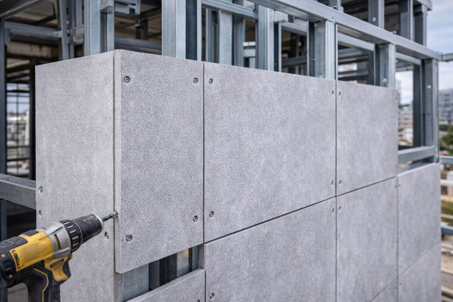 Fiber cement boards fixed to a steel frame building using self drilling screws during facade installation
