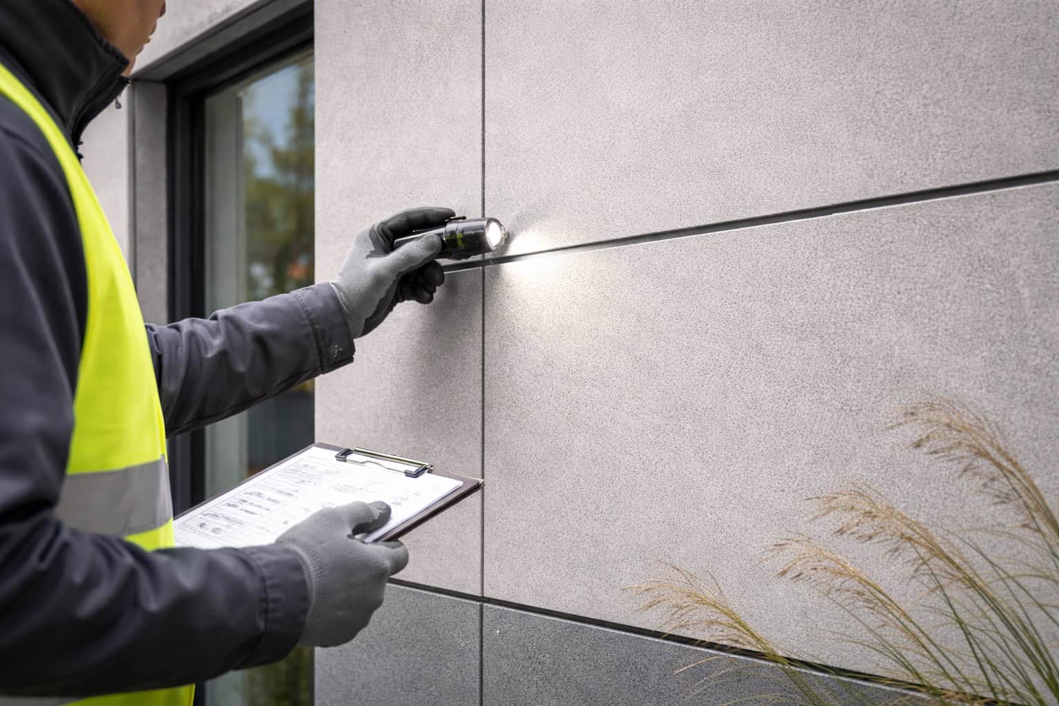 Technician inspecting fiber cement board façade panels during routine exterior maintenance check