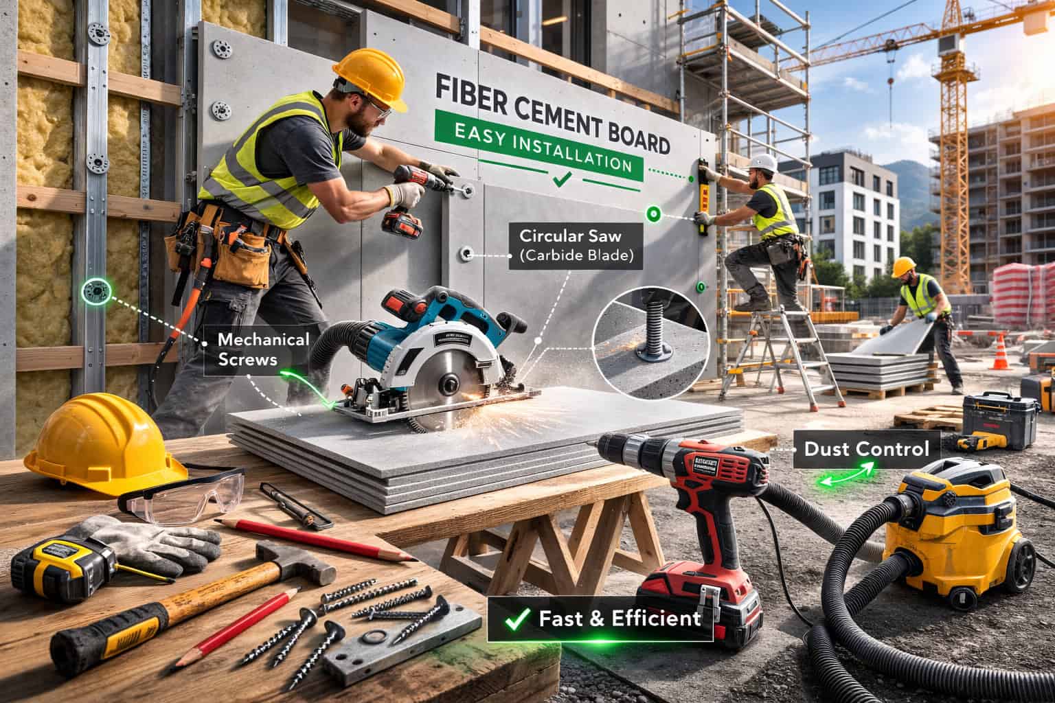 Fiber cement board installation tools including circular saw and mechanical screws used on exterior wall construction site.