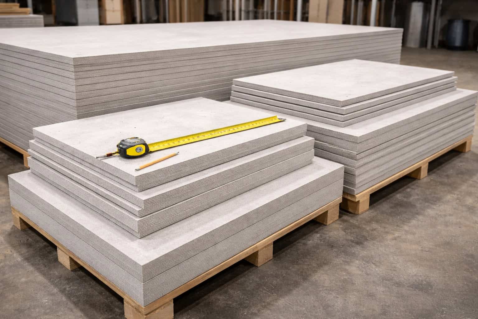 Stacks of fiber cement boards in different sheet sizes and thicknesses on pallets with a measuring tape for estimating